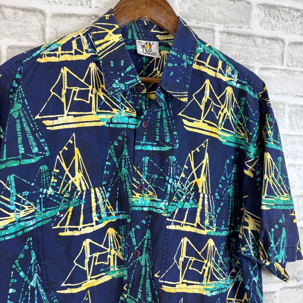 Rum Reggae Primary Navy Blue Cartoon Sail Boat Print Button Up Camp Shirt Men XL